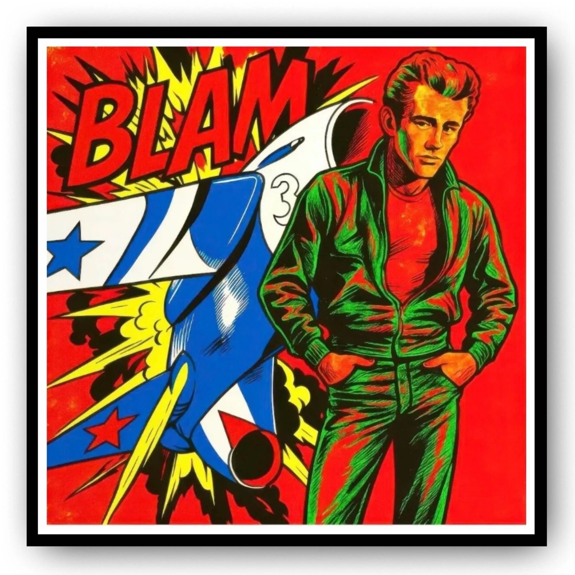Comic book-style illustration framed artwork with a character "Dean Martin", in a green suit and 'BLAM' text on a red background with a comic book jet behind, and comic book ezplosion effect.